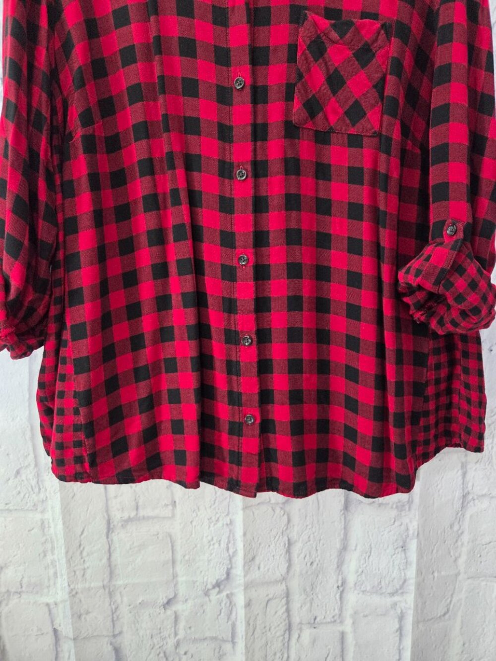 J.Jill Extra Large Red Black Plaid Roll Tab Longsleeve Fall Casual Shirt - Picture 3 of 11